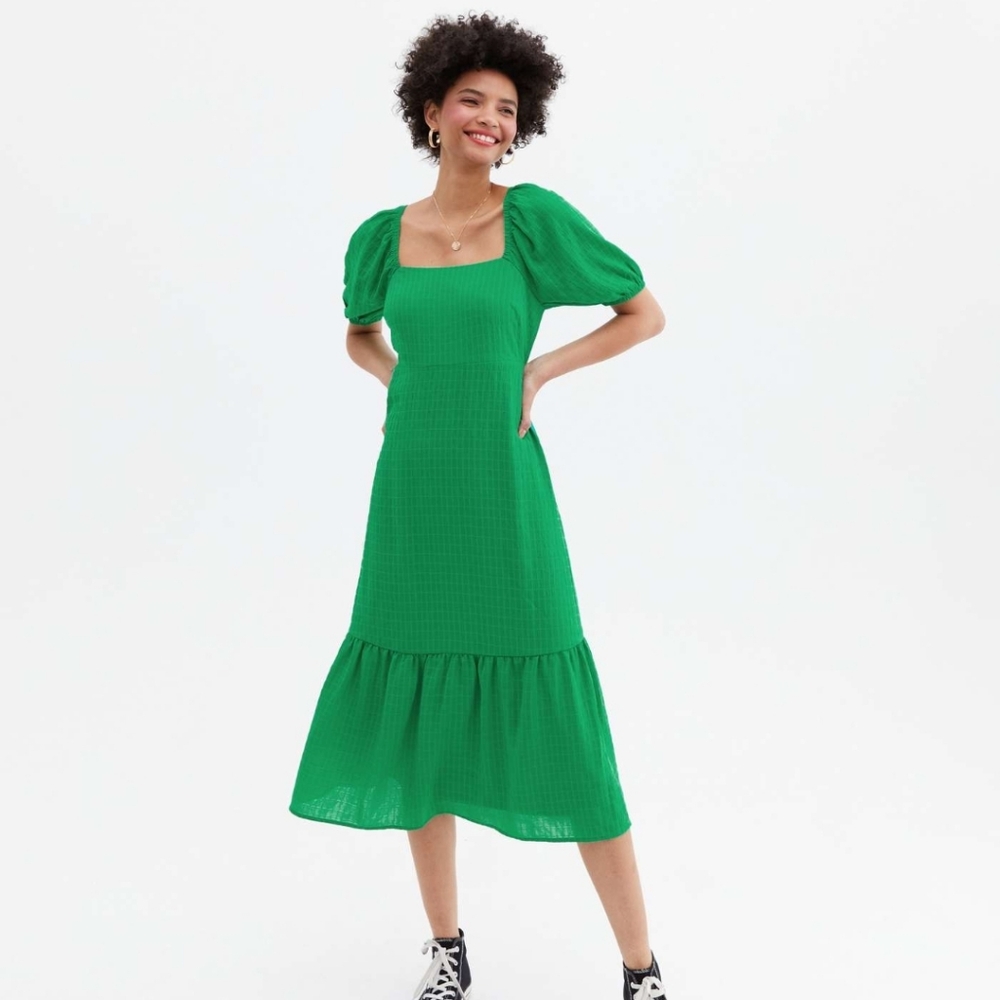ASOS New Look Green Textured Square Neck Tiered Midi Dress US 6 UK 10